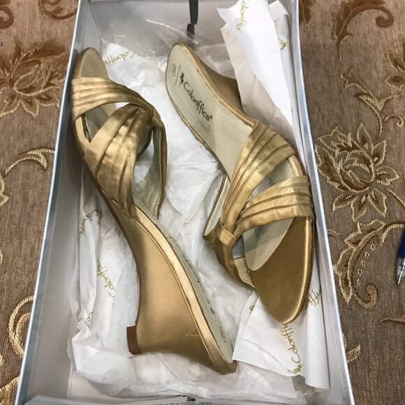 Gold-Dyed Satin Wedge Sandal, Formal Pump Wedding Shoe Comfortable - Picture 2 of 16